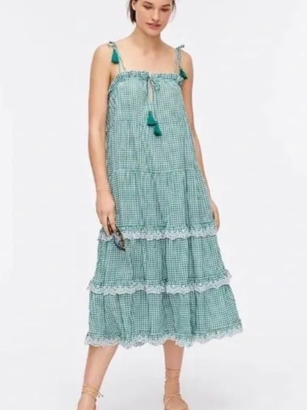 J Crew Gingham Tiered Midi Dress with Tassel Straps